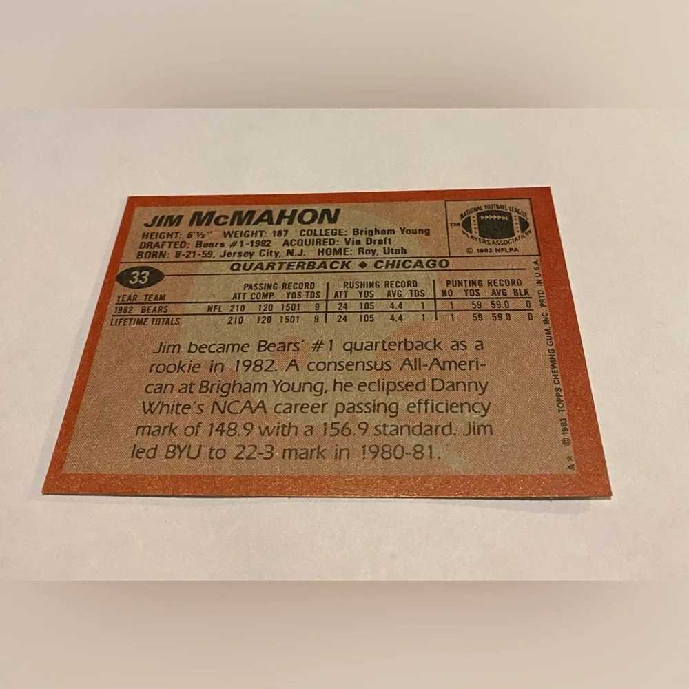 1983 Topps Football Card jim mcmahon